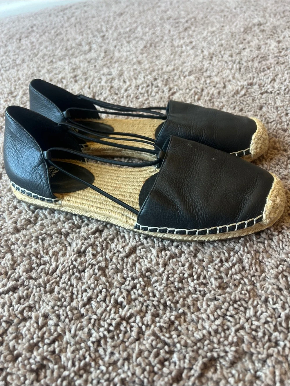 Eileen Fisher Lee Washed Black Leather Espadrille Flats Size 9